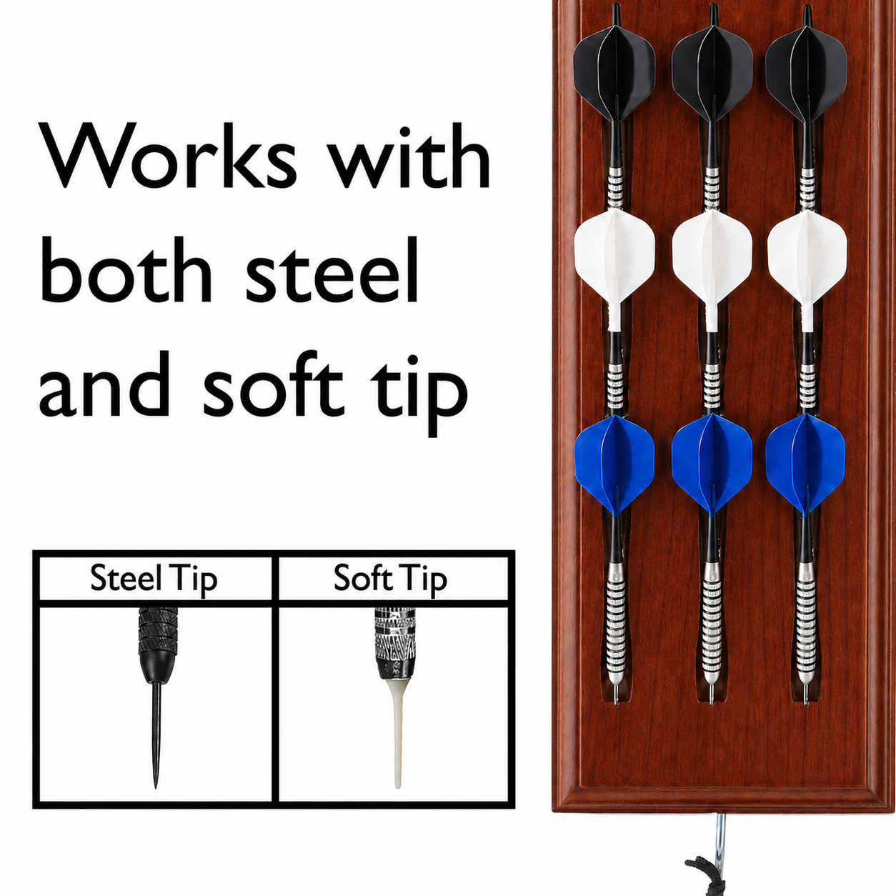 Nine darts on mahogany board with black, white, and blue flights, with steel and soft tip comparison below