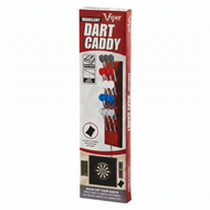 Mahogany dart caddy with red and white wood panel holding red, white, and blue darts with black flights