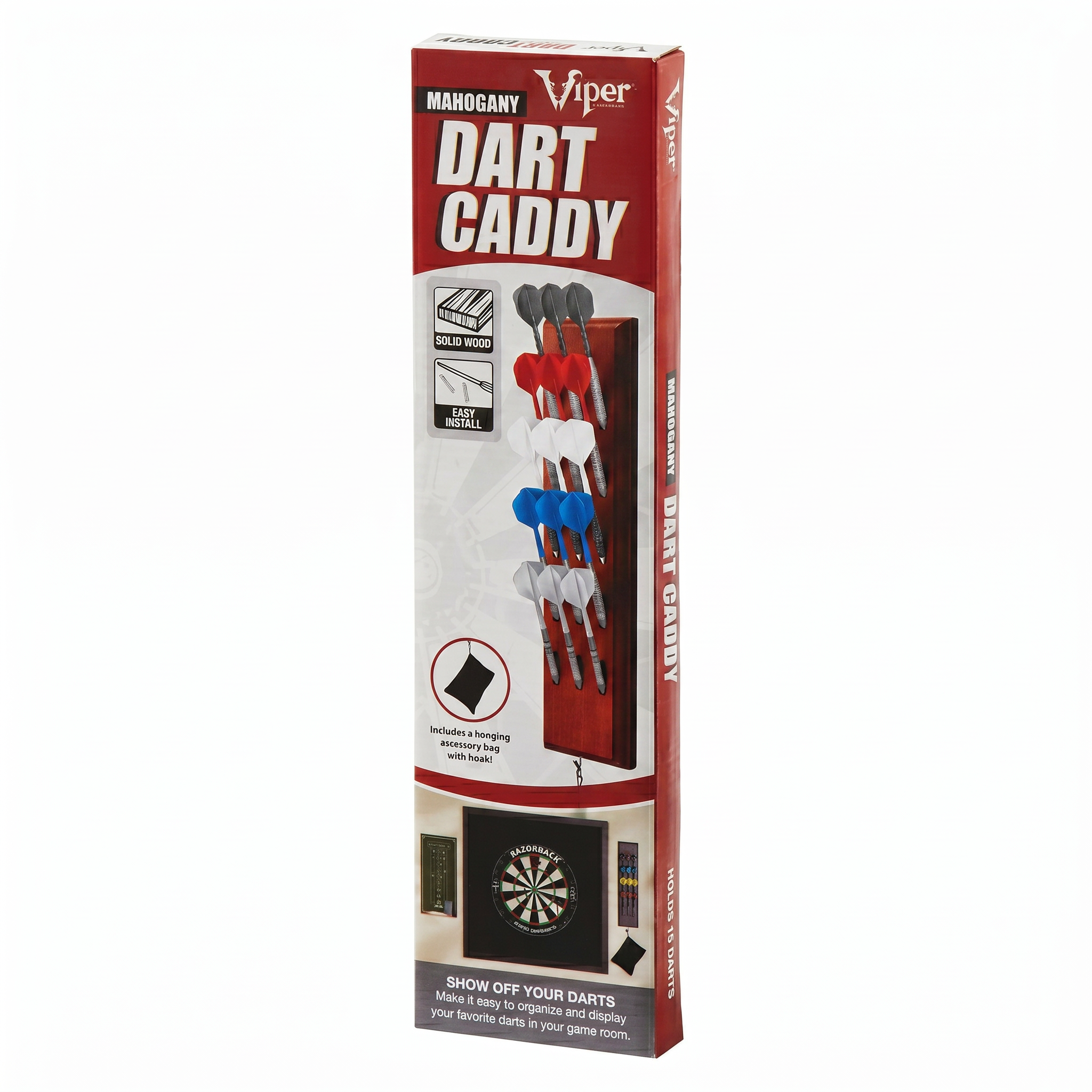 Mahogany dart caddy with red and white wood panel holding red, white, and blue darts with black flights