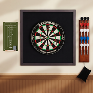 Dartboard with red, green, white segments in dark frame beside dart holder and scoreboard