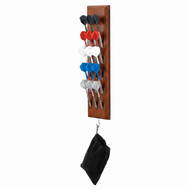 Wooden dart organizer with rows of black, red, white, blue, and gray darts and hanging catch bag