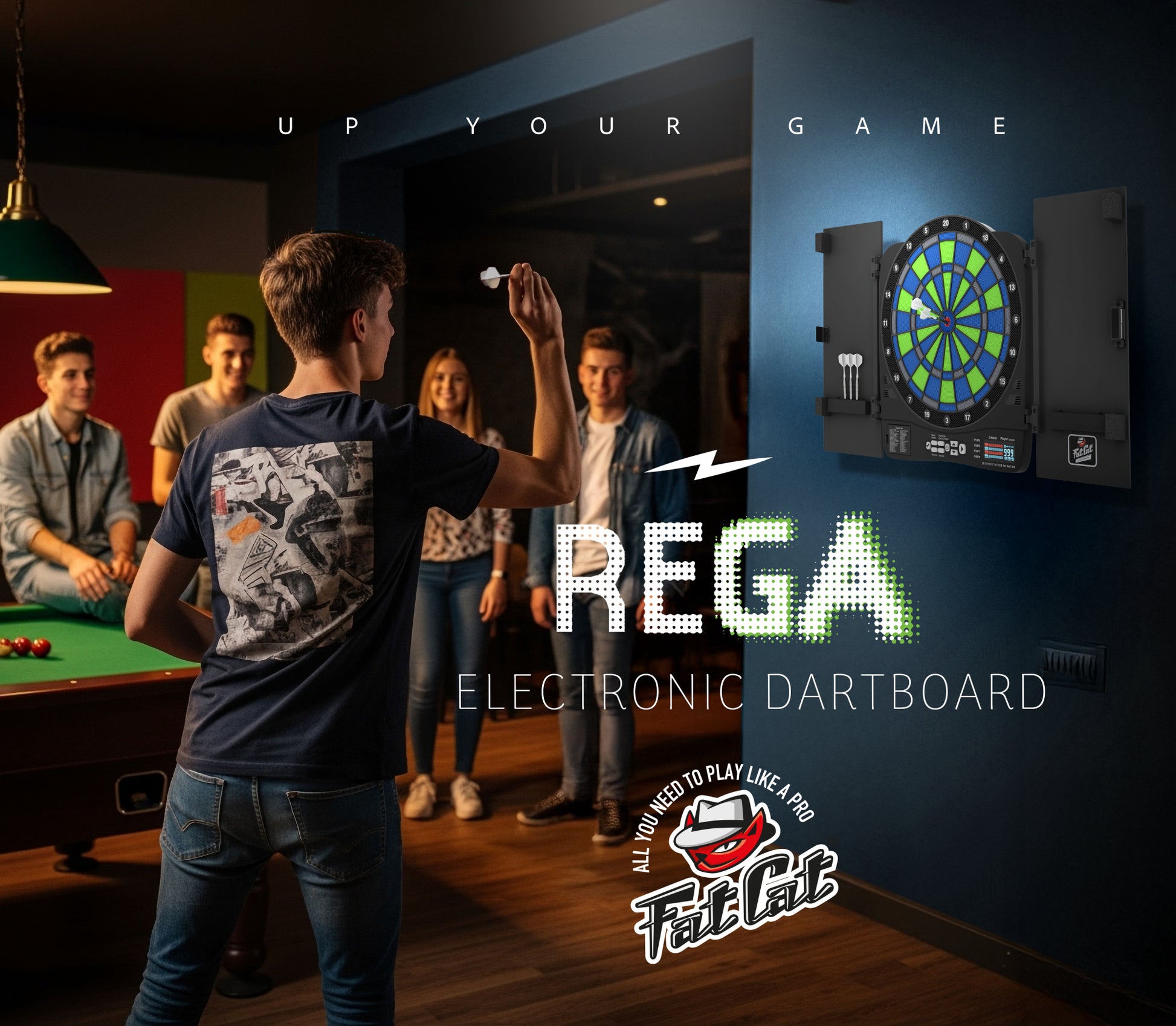 Fat Cat Rega Electronic Dartboard, 13.5" Compact Target Dartboard Cabinet