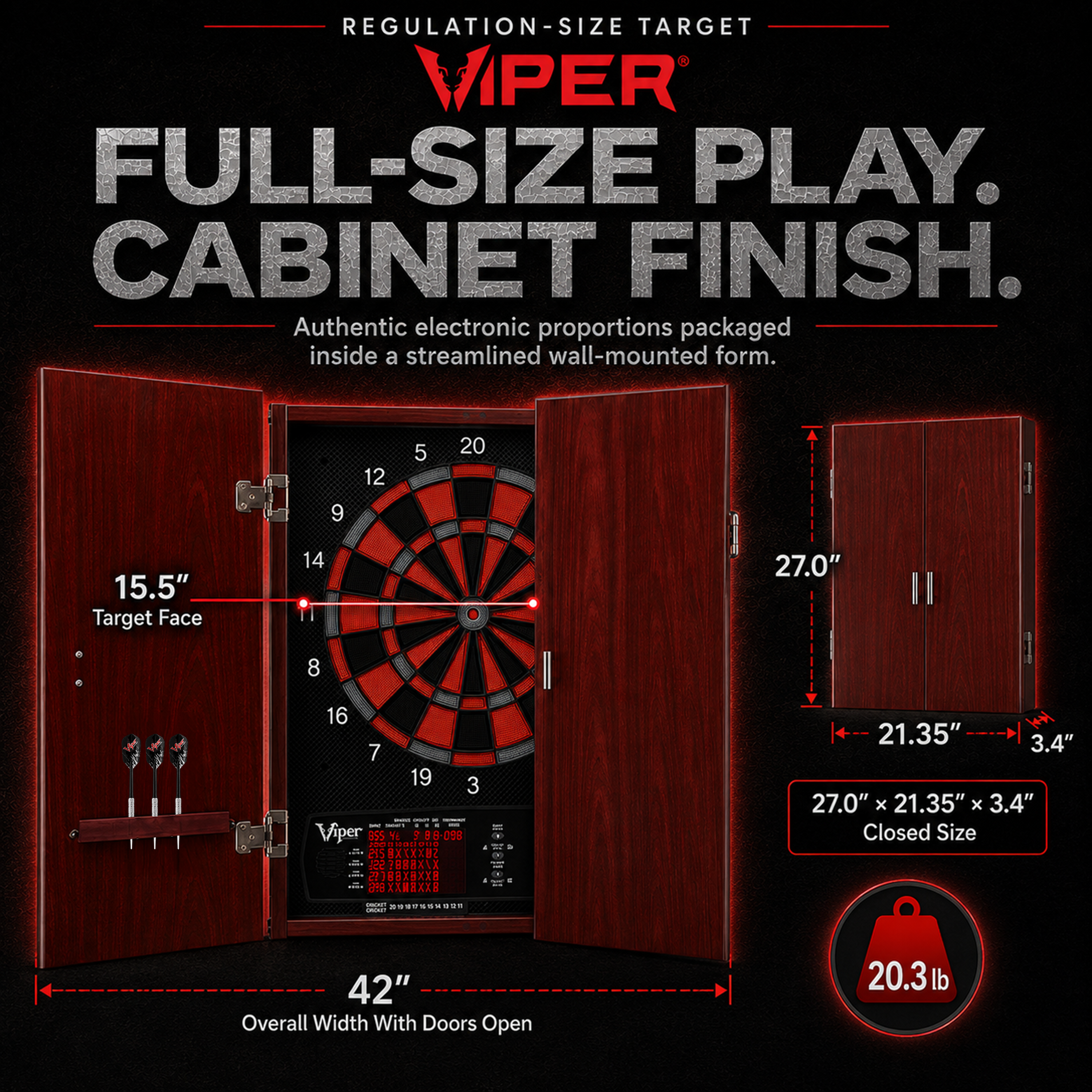 Tablero de dardos electrónico híbrido y gabinete Viper Neptune, objetivo reglamentario de 15,5"