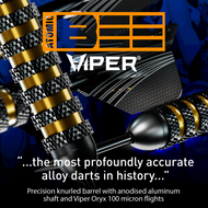 Close-up of Viper Atomic Bee 20g dart barrel with precision knurled rings and gold anodized aluminum grooves