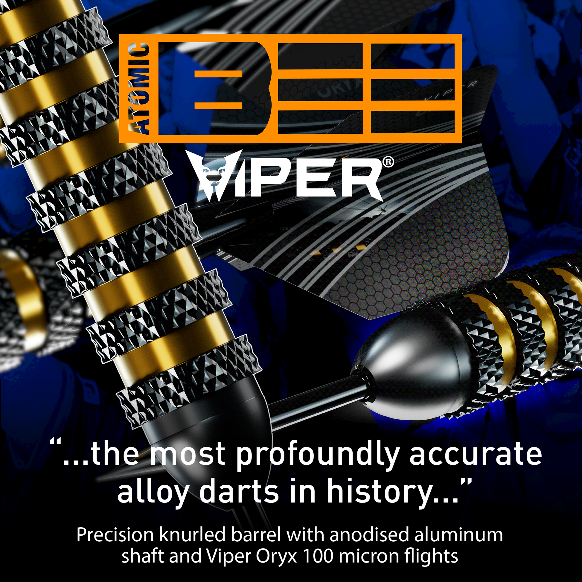 Close-up of Viper Atomic Bee 20g dart barrel with precision knurled rings and gold anodized aluminum grooves