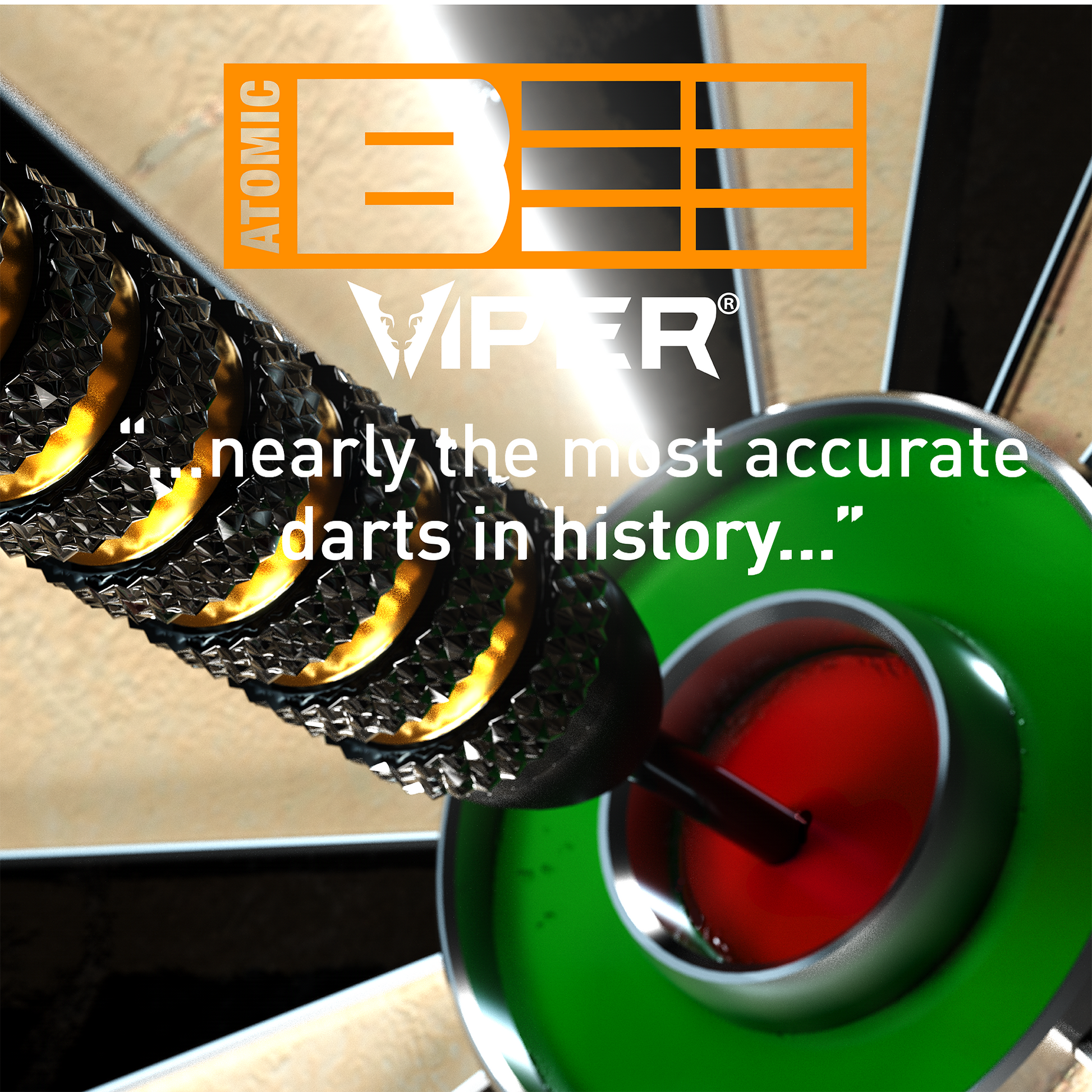Viper Atomic Bee 20g steel tip dart stuck in the bullseye of a bristle dartboard
