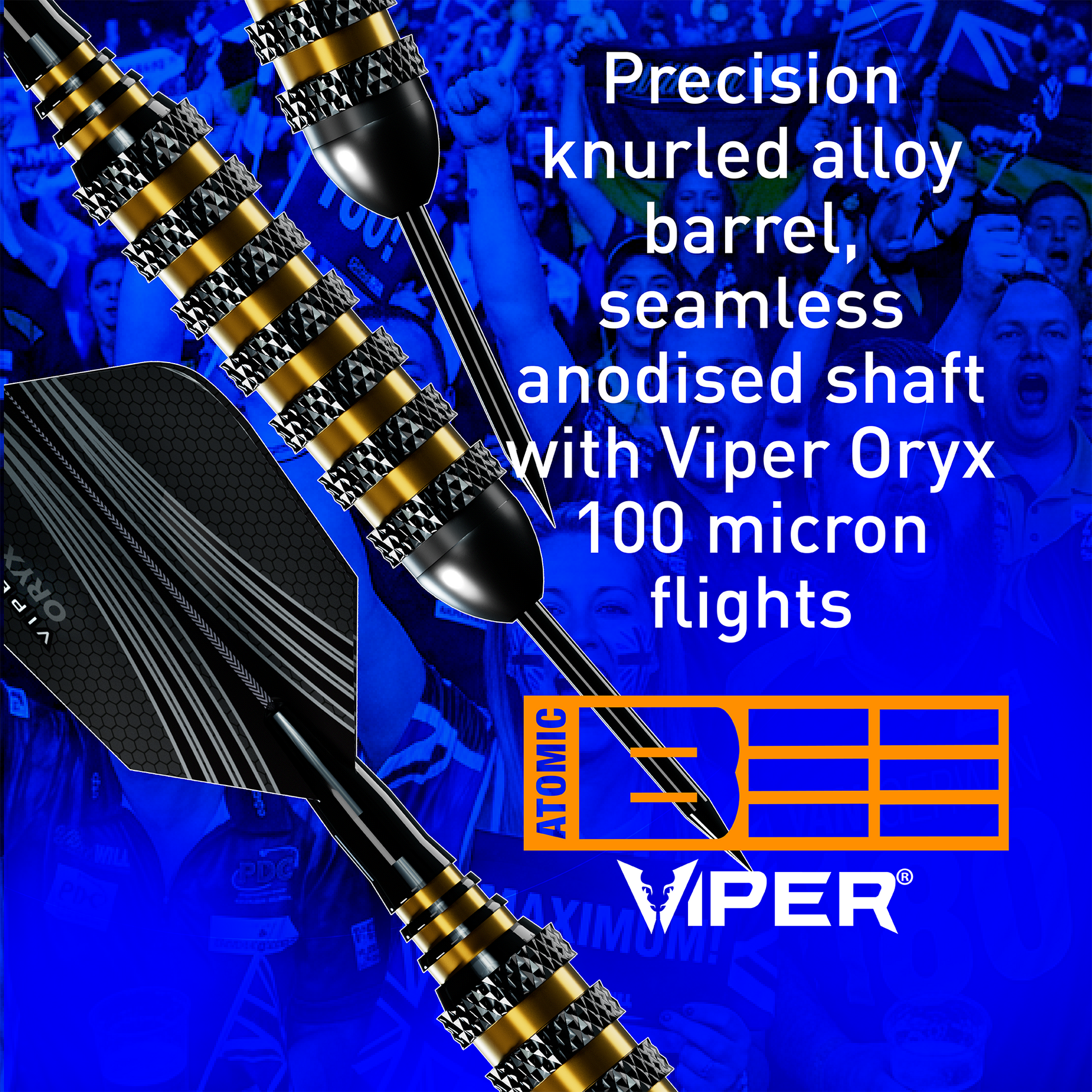 Viper Atomic Bee 20g darts showing knurled alloy barrel, seamless anodized shaft and Viper Oryx flights