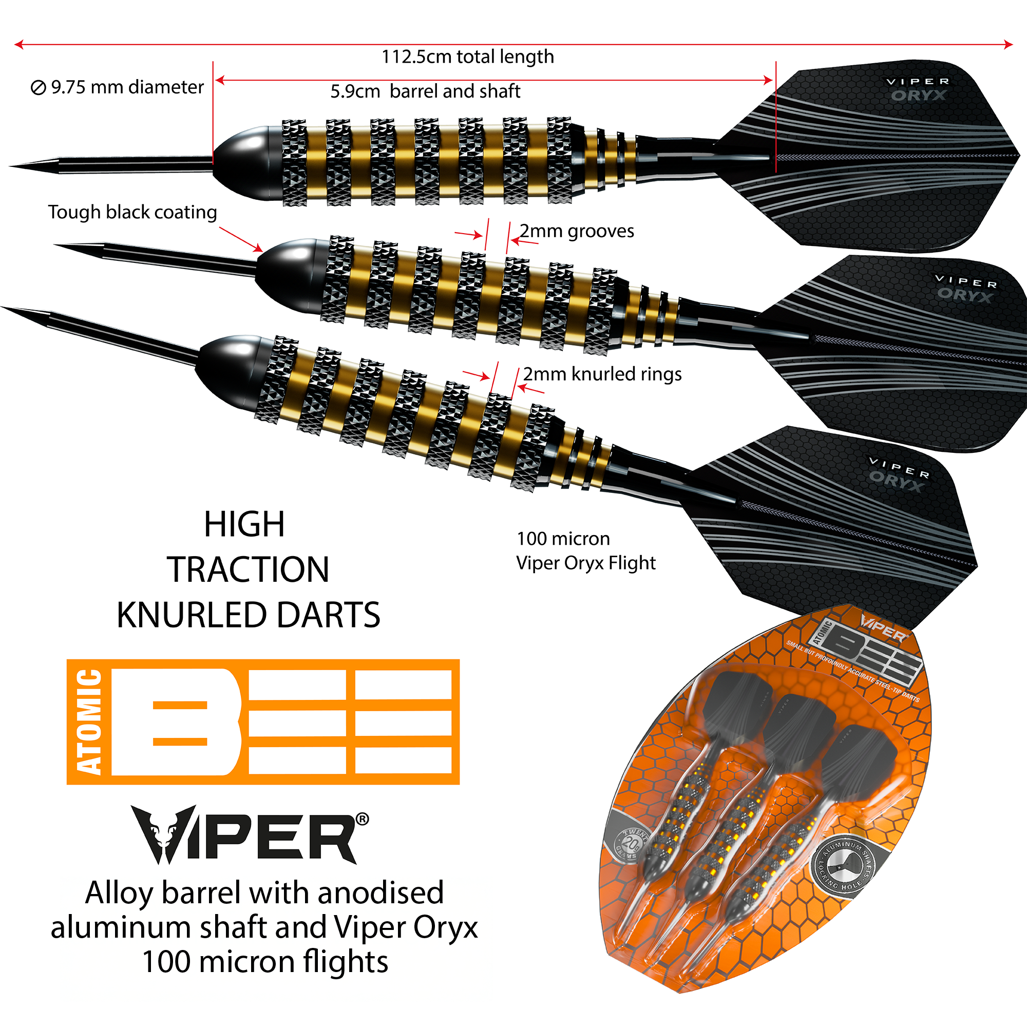 Viper Atomic Bee 20g dart specifications: 9.75mm barrel diameter, 2mm knurled rings and grooves, retail pack