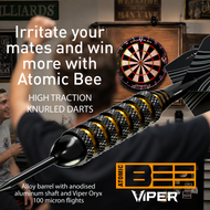 Player throwing Viper Atomic Bee 20g steel tip darts at a dartboard in a man cave game room