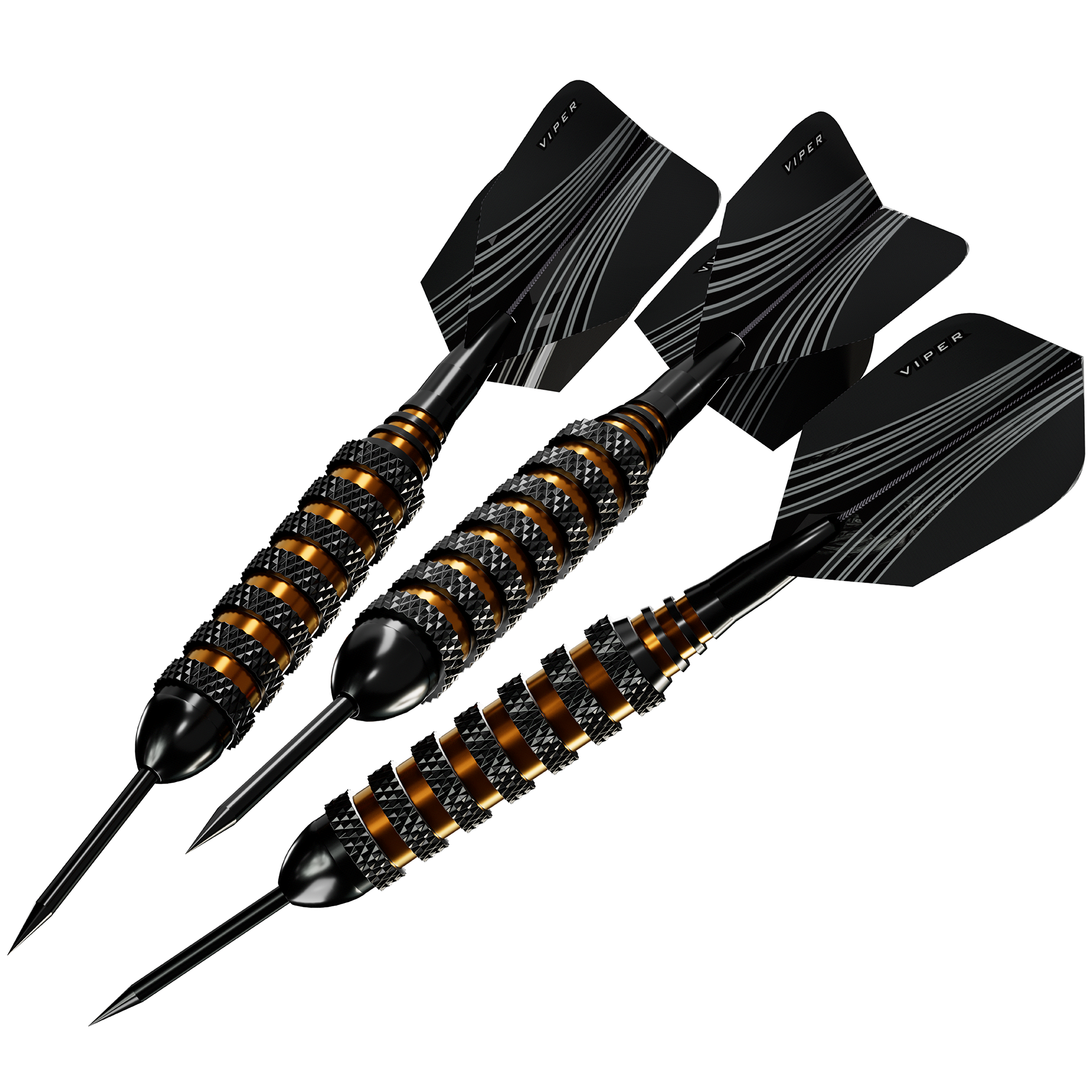 Viper Atomic Bee 20g steel tip darts, set of three black and gold knurled alloy barrels with black Oryx flights