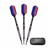Three darts with star and stripe flights, black barrels, and matching black case with flag design