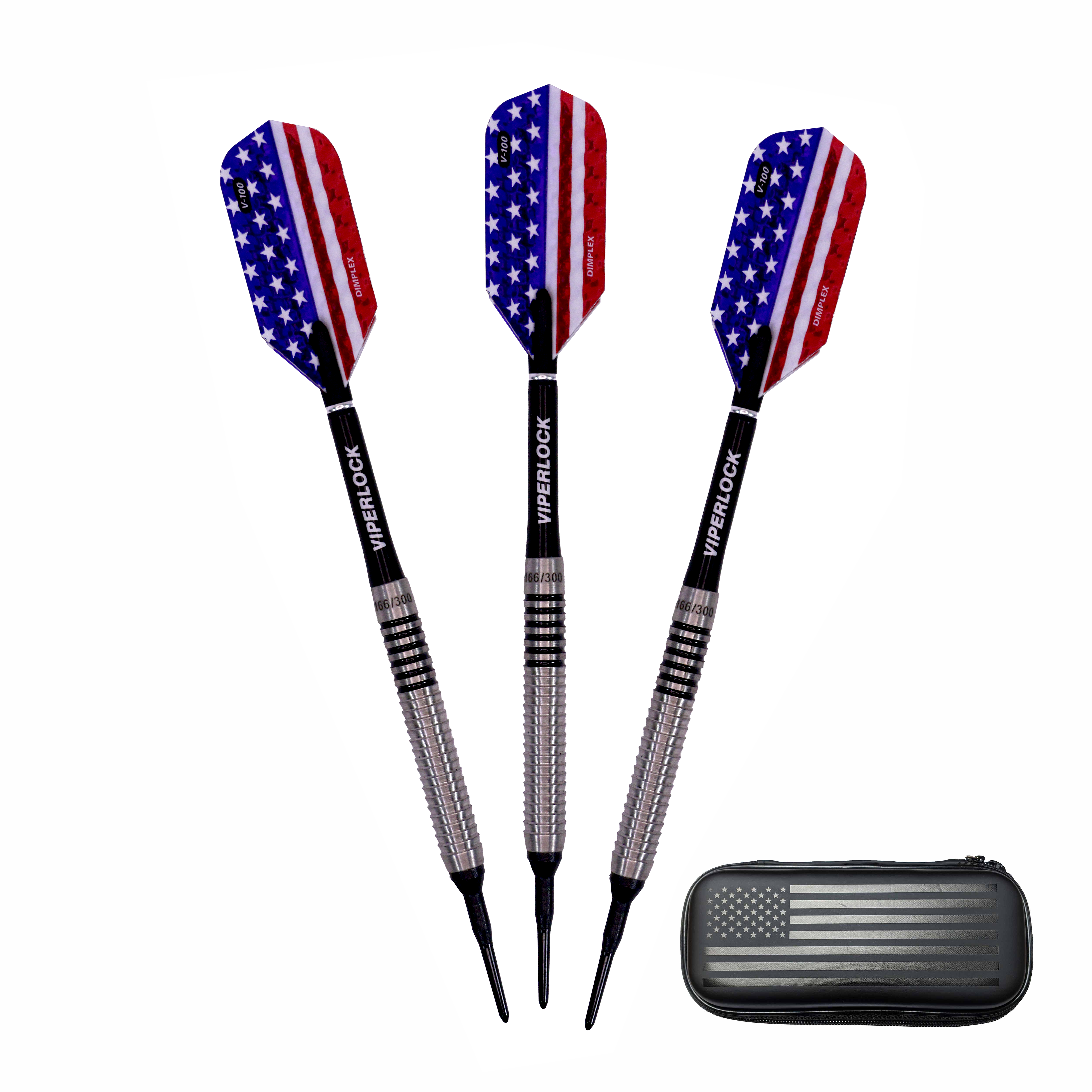 Three darts with star and stripe flights, black barrels, and matching black case with flag design