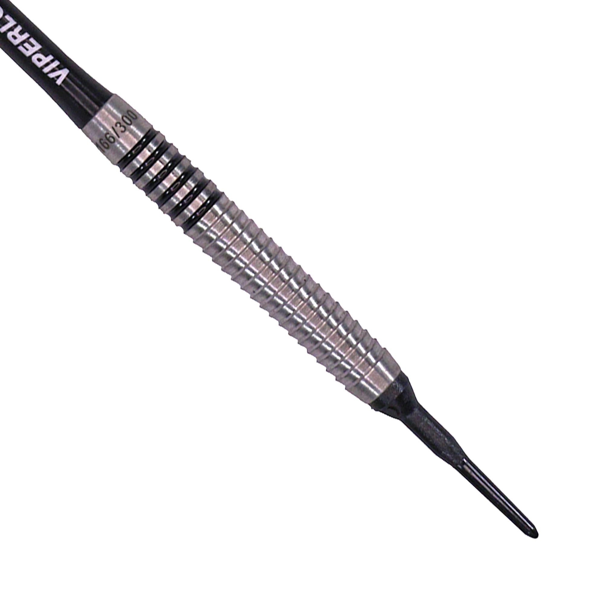 Black dart with gray grooved grip section and pointed tip, angled diagonally across white background