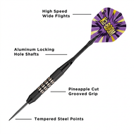 Dart with purple and yellow flights, black shaft, and steel point with labeled features