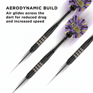 Three darts with black tapered barrels, metal shafts, and purple flights with yellow starburst design and text