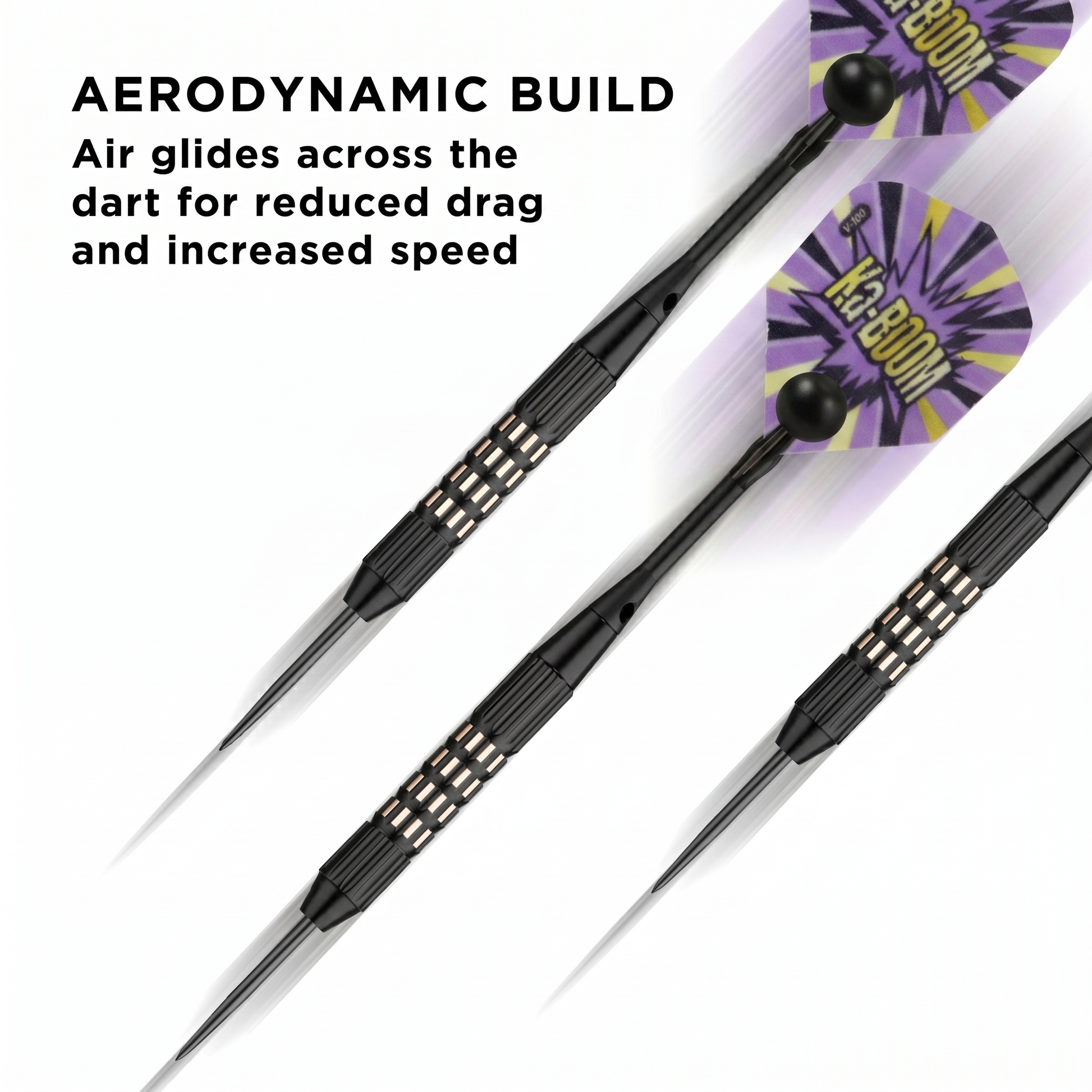 Three darts with black tapered barrels, metal shafts, and purple flights with yellow starburst design and text