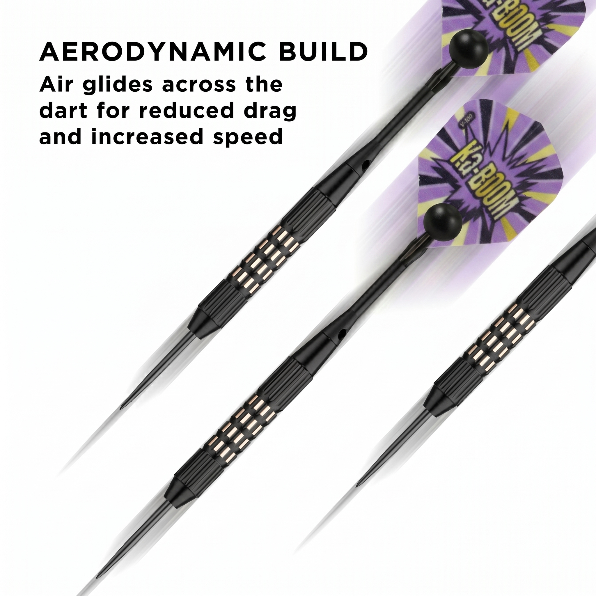 Three darts with black tapered barrels, metal shafts, and purple flights with yellow starburst design and text