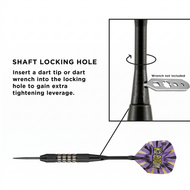 Diagram of black dart with purple flight and cue stick shaft with metal wrench at locking hole