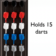 Dart caddy with 15 darts in red, white, blue, and gray flights arranged in three columns