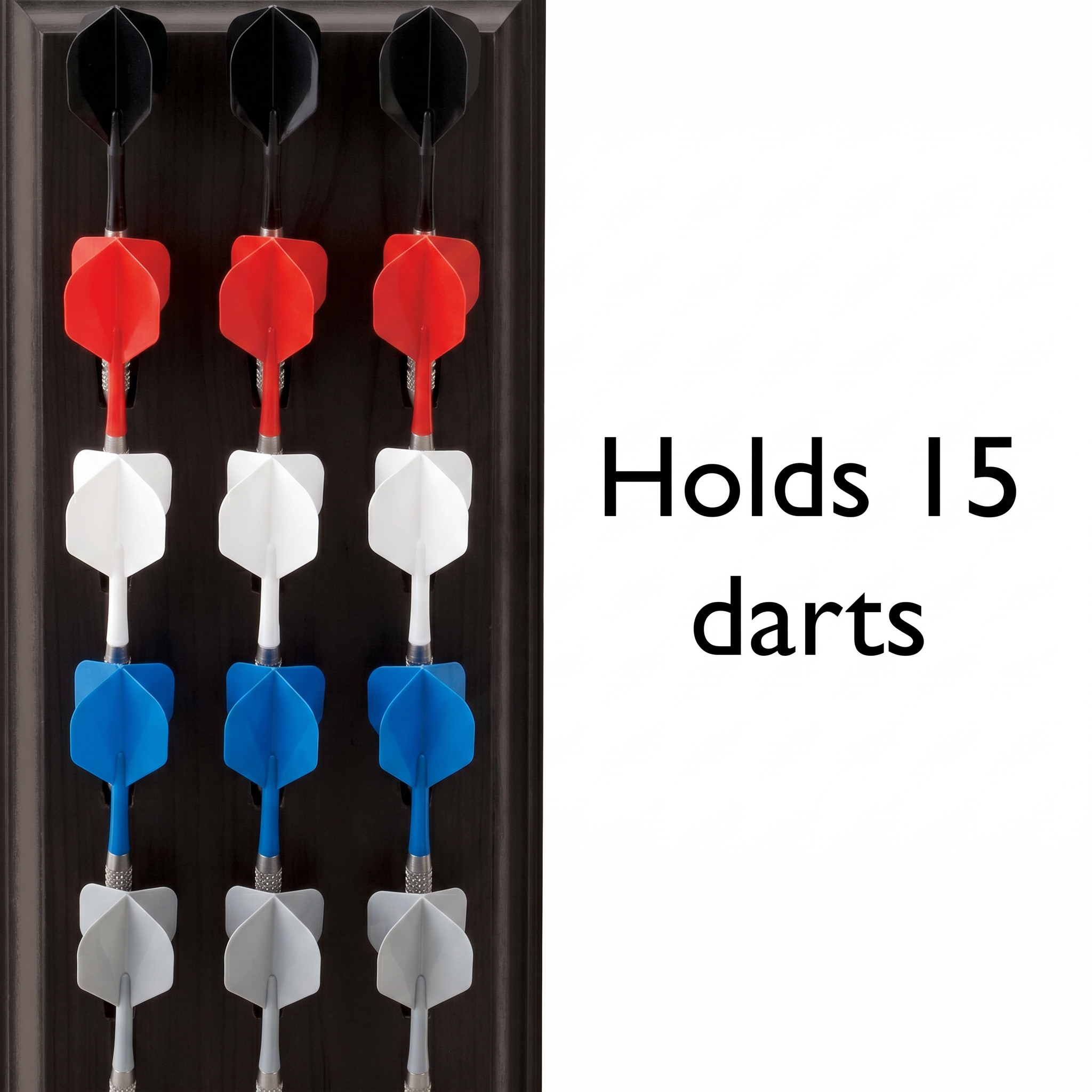Dart caddy with 15 darts in red, white, blue, and gray flights arranged in three columns
