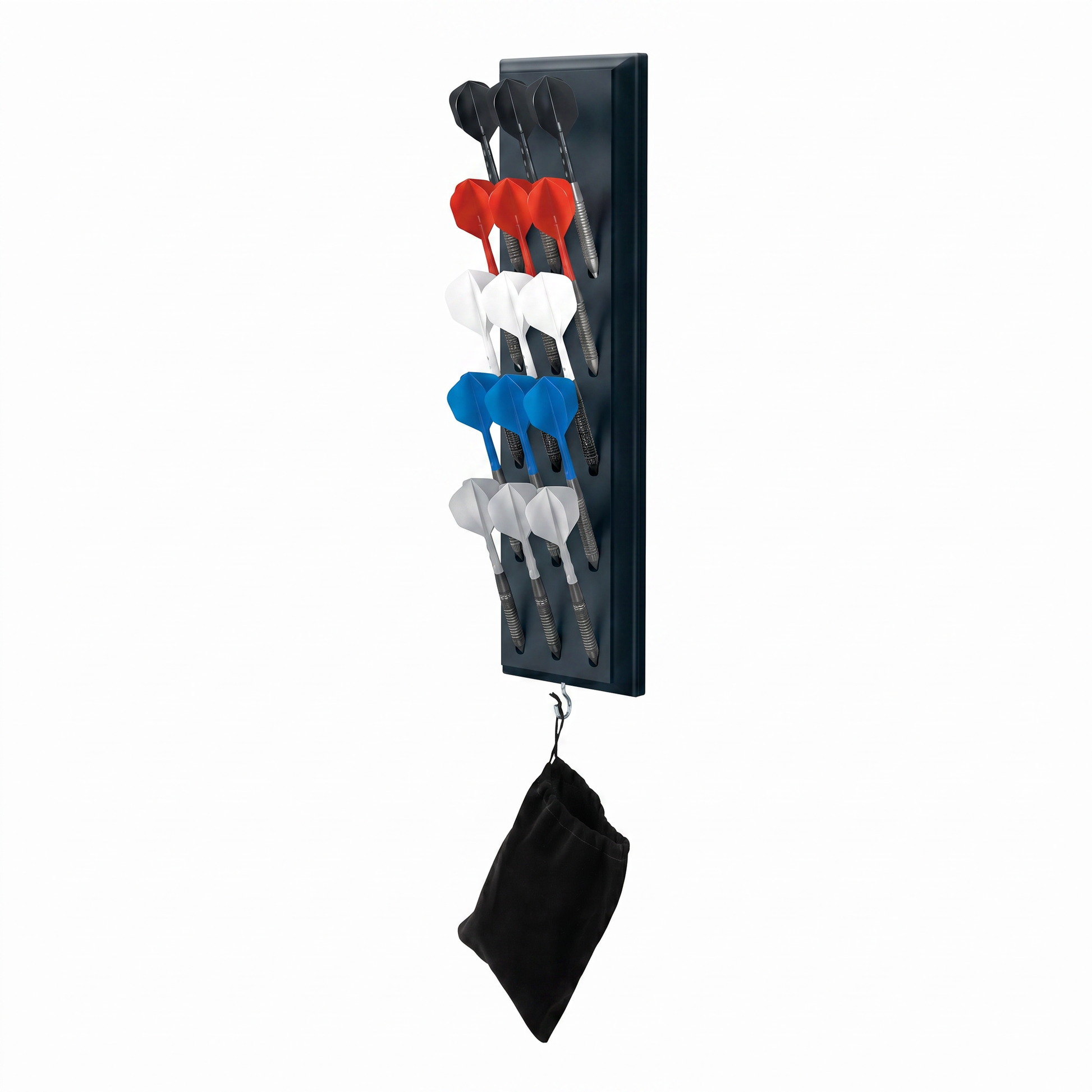 Black vertical dart caddy holding 15 darts in black, red, white, and blue with attached black storage pouch