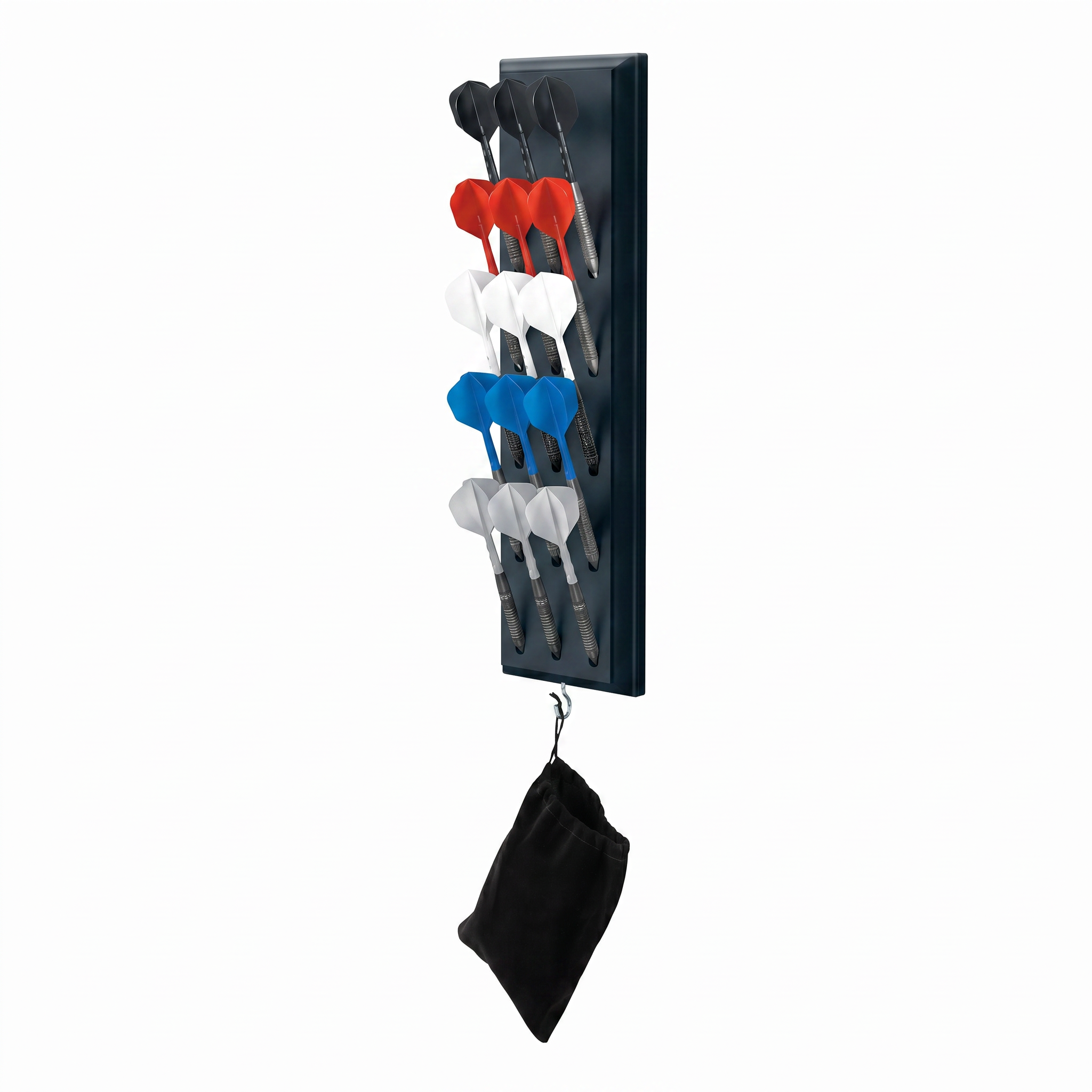 Black vertical dart caddy holding 15 darts in black, red, white, and blue with attached black storage pouch