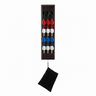 Dark wood dart caddy holding 15 darts in black, red, white, and blue with attached black storage pouch