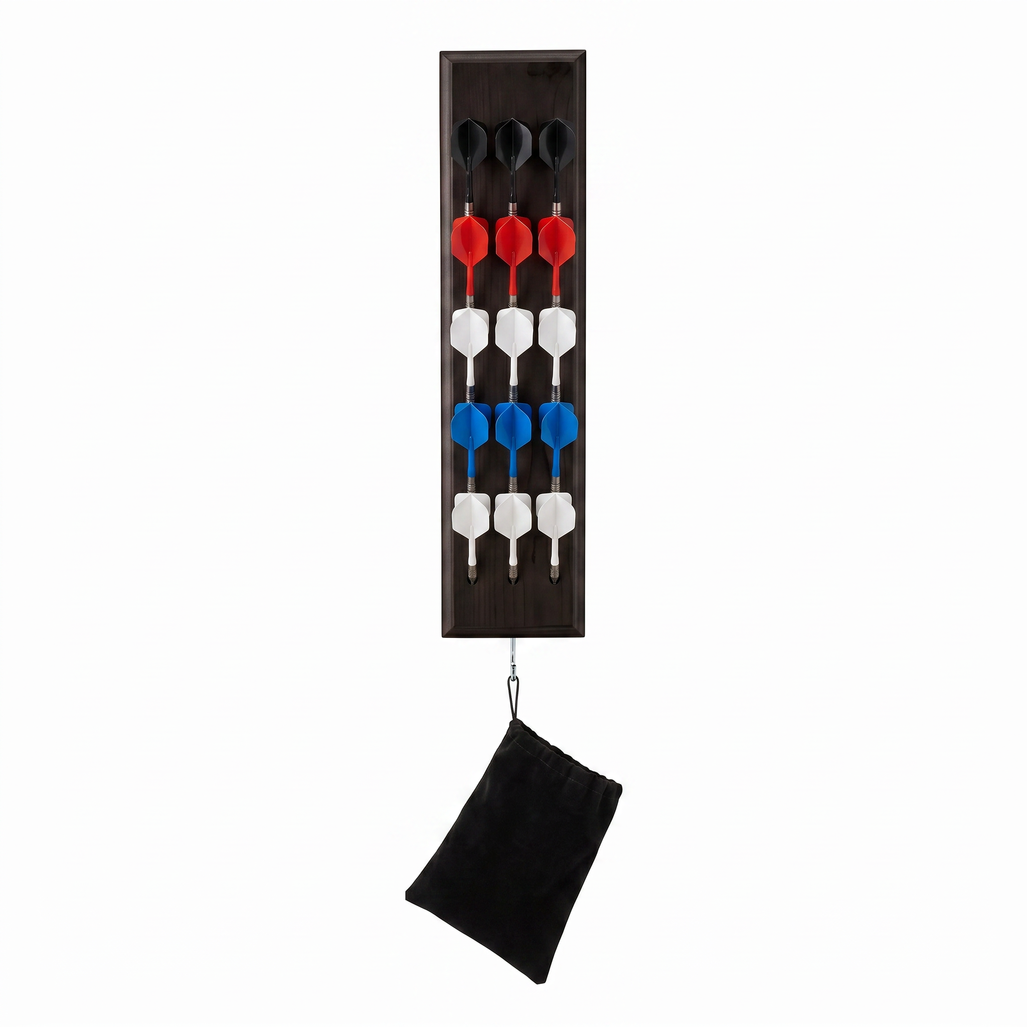 Dark wood dart caddy holding 15 darts in black, red, white, and blue with attached black storage pouch