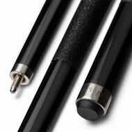 Three black billiard cue sticks with textured grip sections and silver ferrules arranged diagonally