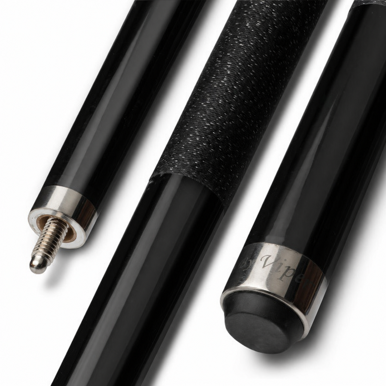 Three black billiard cue sticks with textured grip sections and silver ferrules arranged diagonally