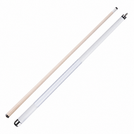 Two billiard cue sticks, one pale tan and one white, each with black ferrule and grip end