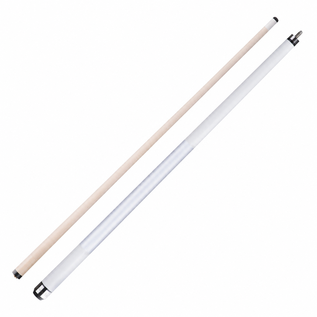 Two billiard cue sticks, one pale tan and one white, each with black ferrule and grip end
