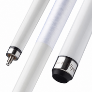 Three white cue sticks with chrome ferrules and blue grip tape on center stick