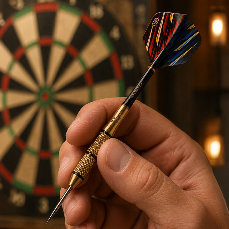 Hand holding a Viper Elite Brass Steel Tip Darts 23 Grams with a colorful flight in front of a dartboard