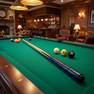 Pool table with balls and a cue in a cozy room with wooden walls and furniture.