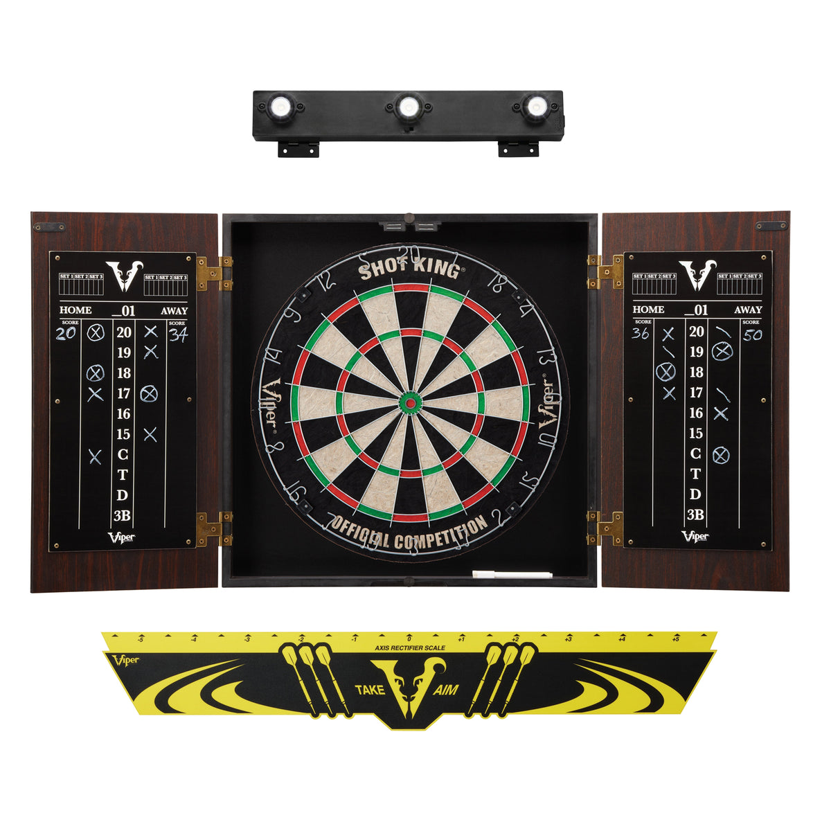 Viper Stadium Dartboard Cabinet with Shot King Sisal Dartboard, Edge Throw Line Marker, and Shadow Buster Dartboard Cabinet Light