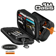 Black Nomad Oasis case fully open showing card and cash dividers, dart accessories, keys and a dart