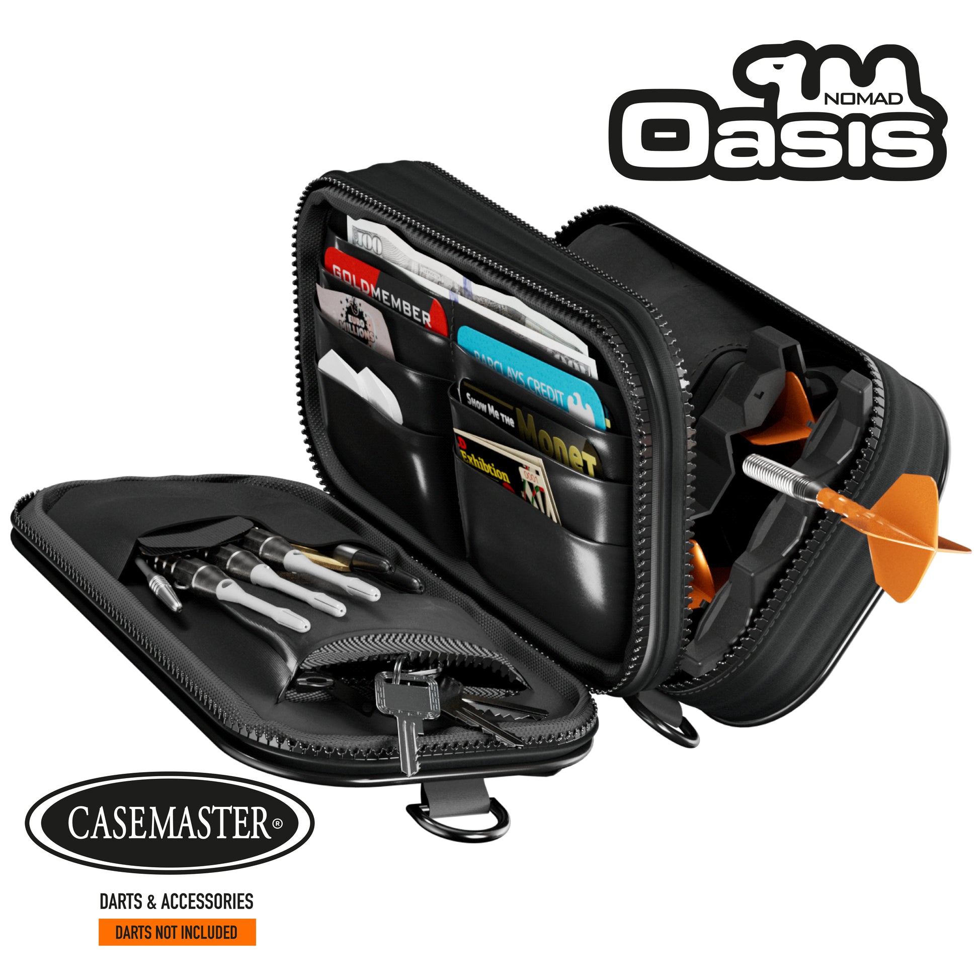 Black Nomad Oasis case fully open showing card and cash dividers, dart accessories, keys and a dart