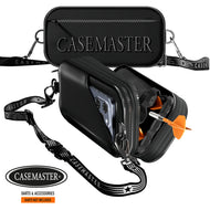 Black Nomad Oasis case shown closed and open with a phone in the sleeve and a dart in the Nomad hard case