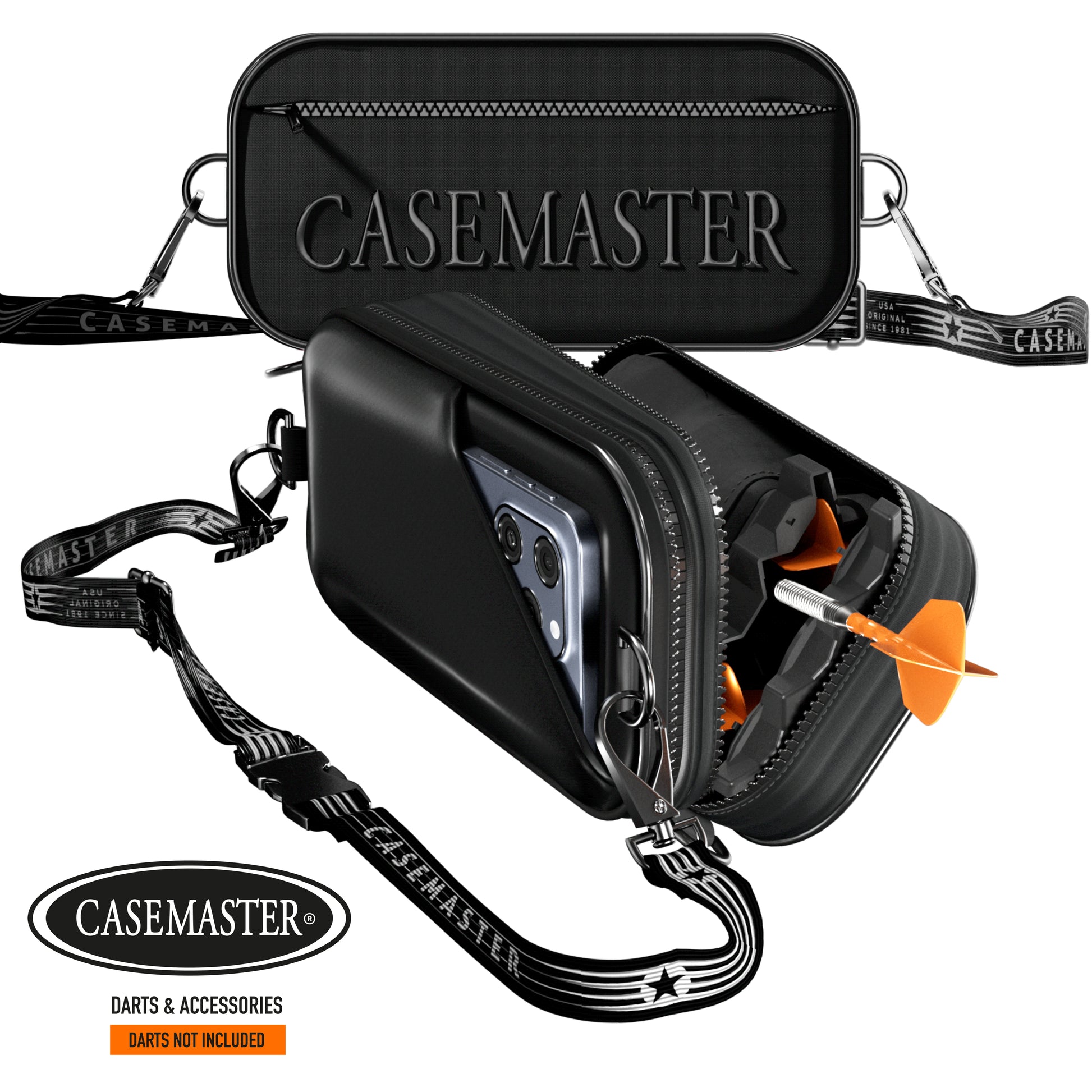 Black Nomad Oasis case shown closed and open with a phone in the sleeve and a dart in the Nomad hard case