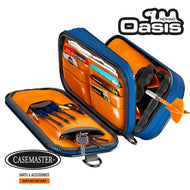 Blue Nomad Oasis case fully open with orange lining showing card and cash dividers, dart accessories and keys