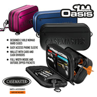 Nomad Oasis dart cases in pink, blue and black beside an open black case showing the wallet and dart storage