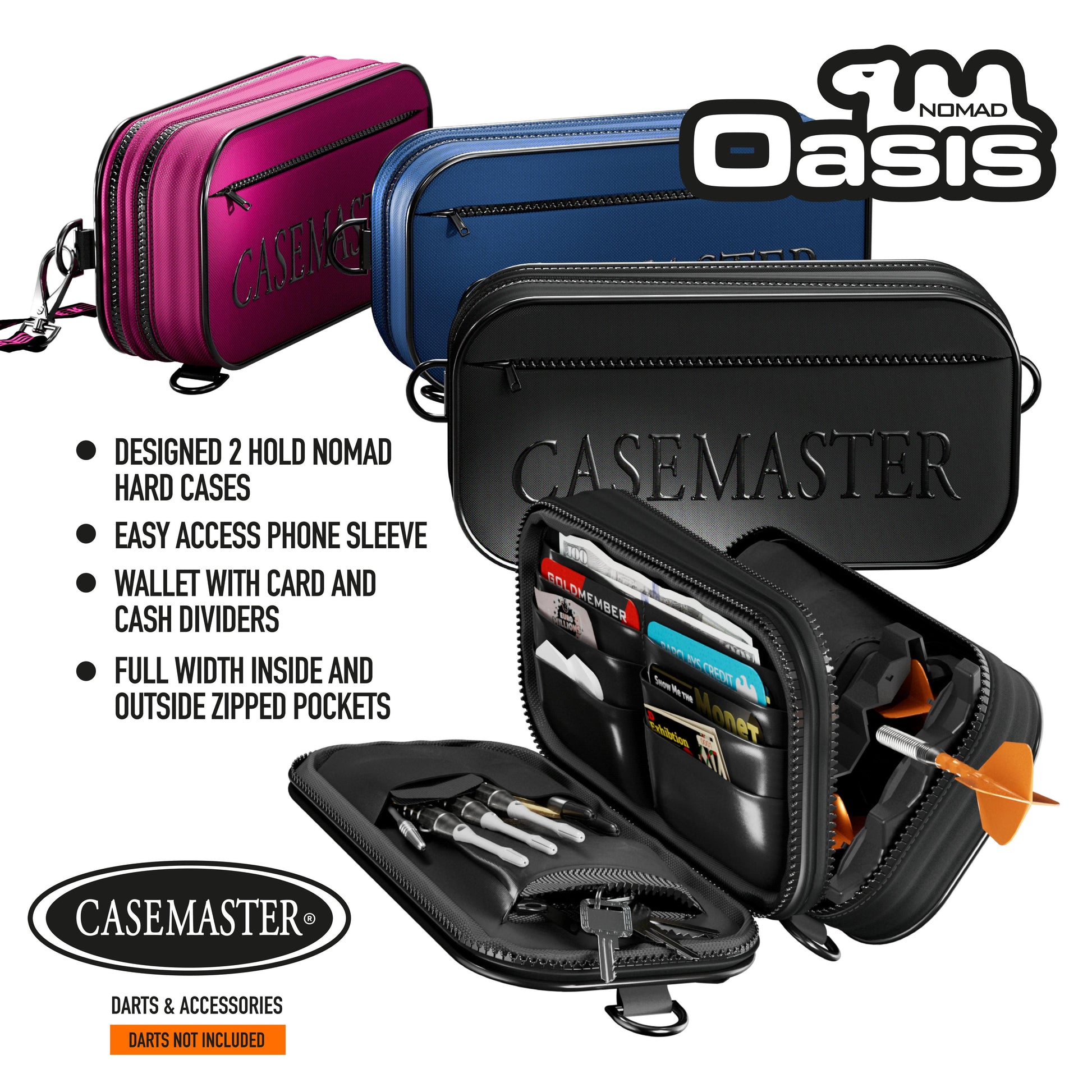 Nomad Oasis dart cases in pink, blue and black beside an open black case showing the wallet and dart storage