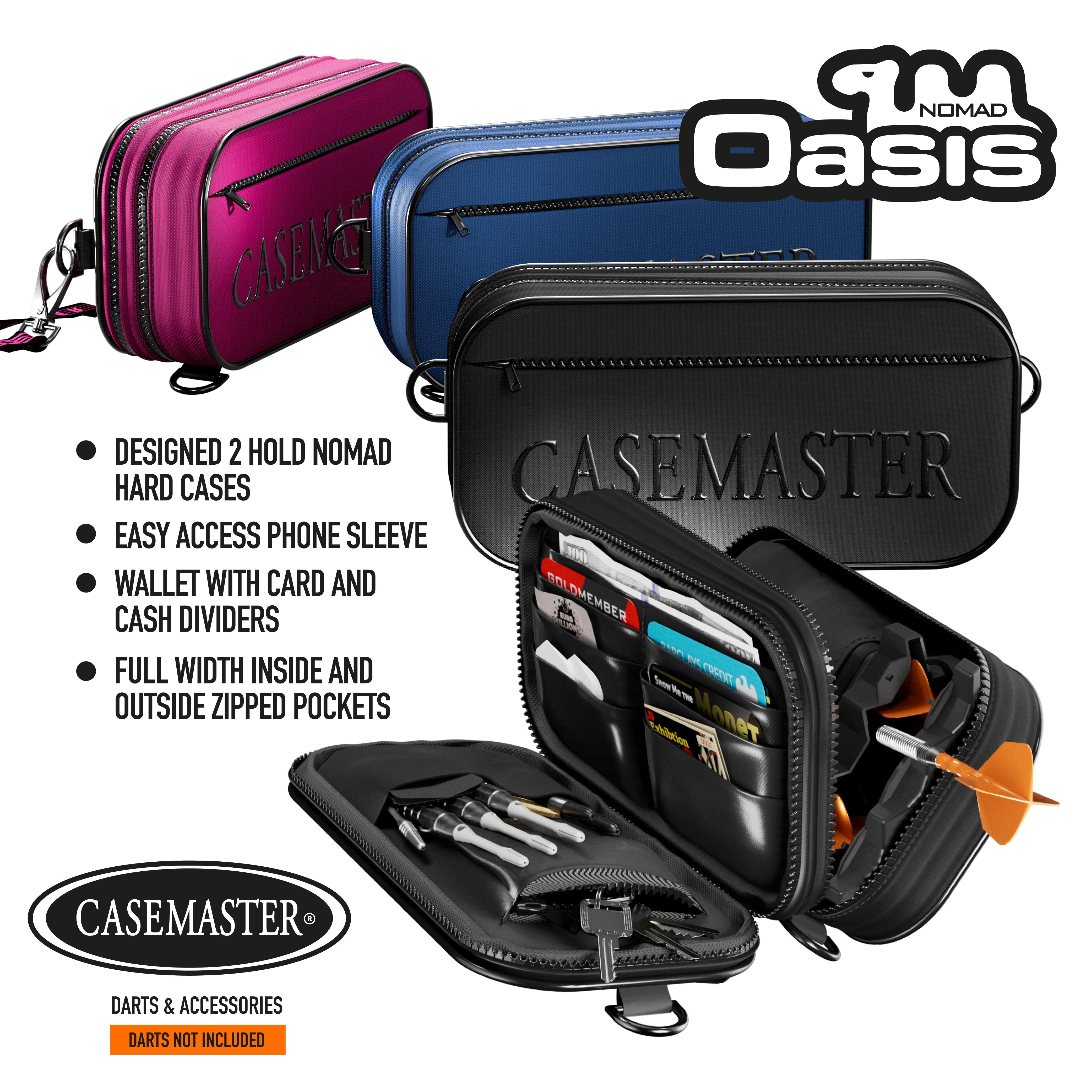 Nomad Oasis dart cases in pink, blue and black beside an open black case showing the wallet and dart storage