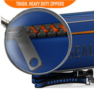 Close up of the heavy duty zipper and metal pull on a blue Nomad Oasis dart case