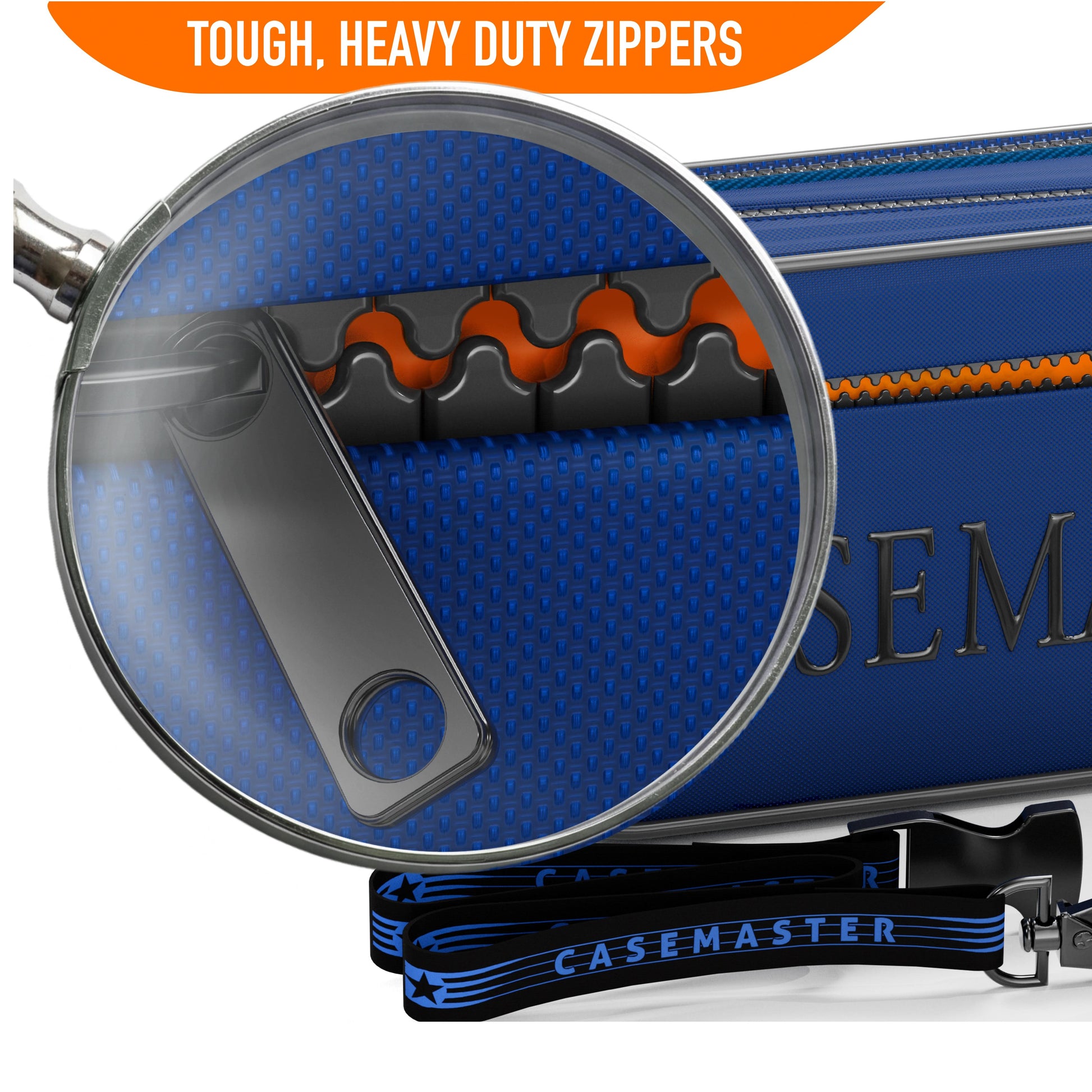 Close up of the heavy duty zipper and metal pull on a blue Nomad Oasis dart case