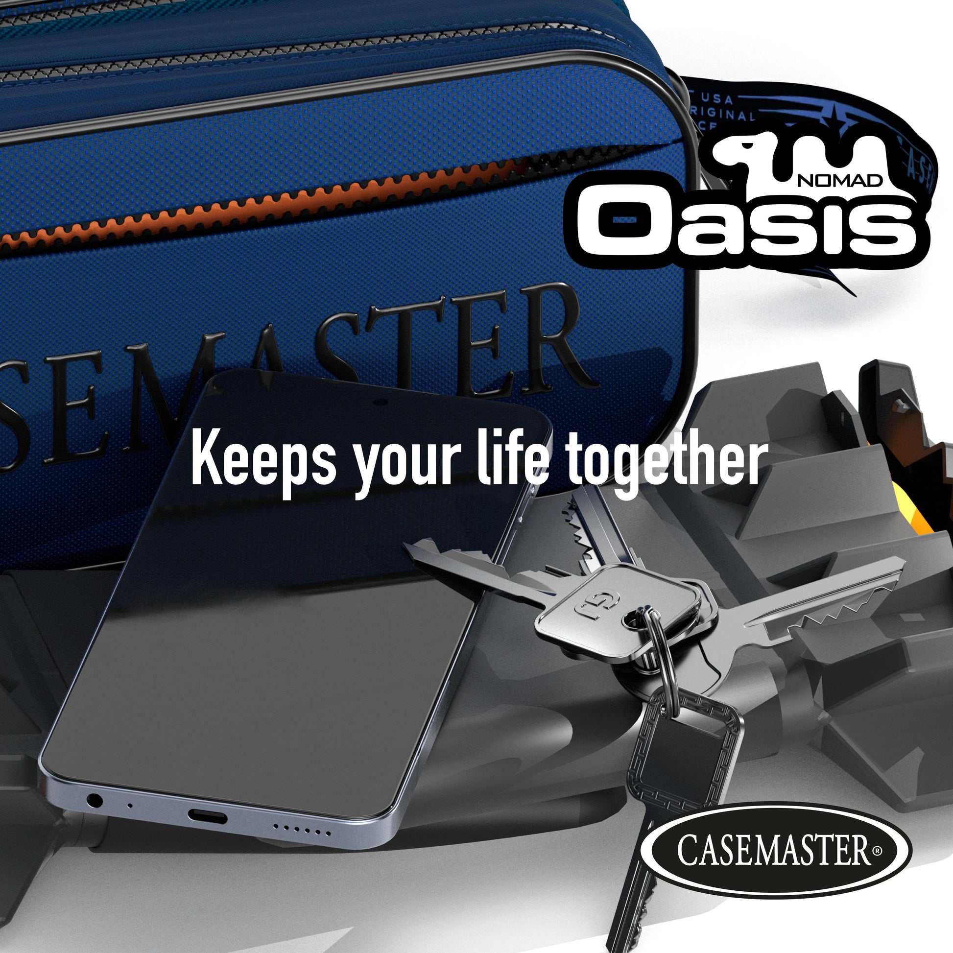 Blue Nomad Oasis dart case beside a phone, keys and a black Nomad hard dart case