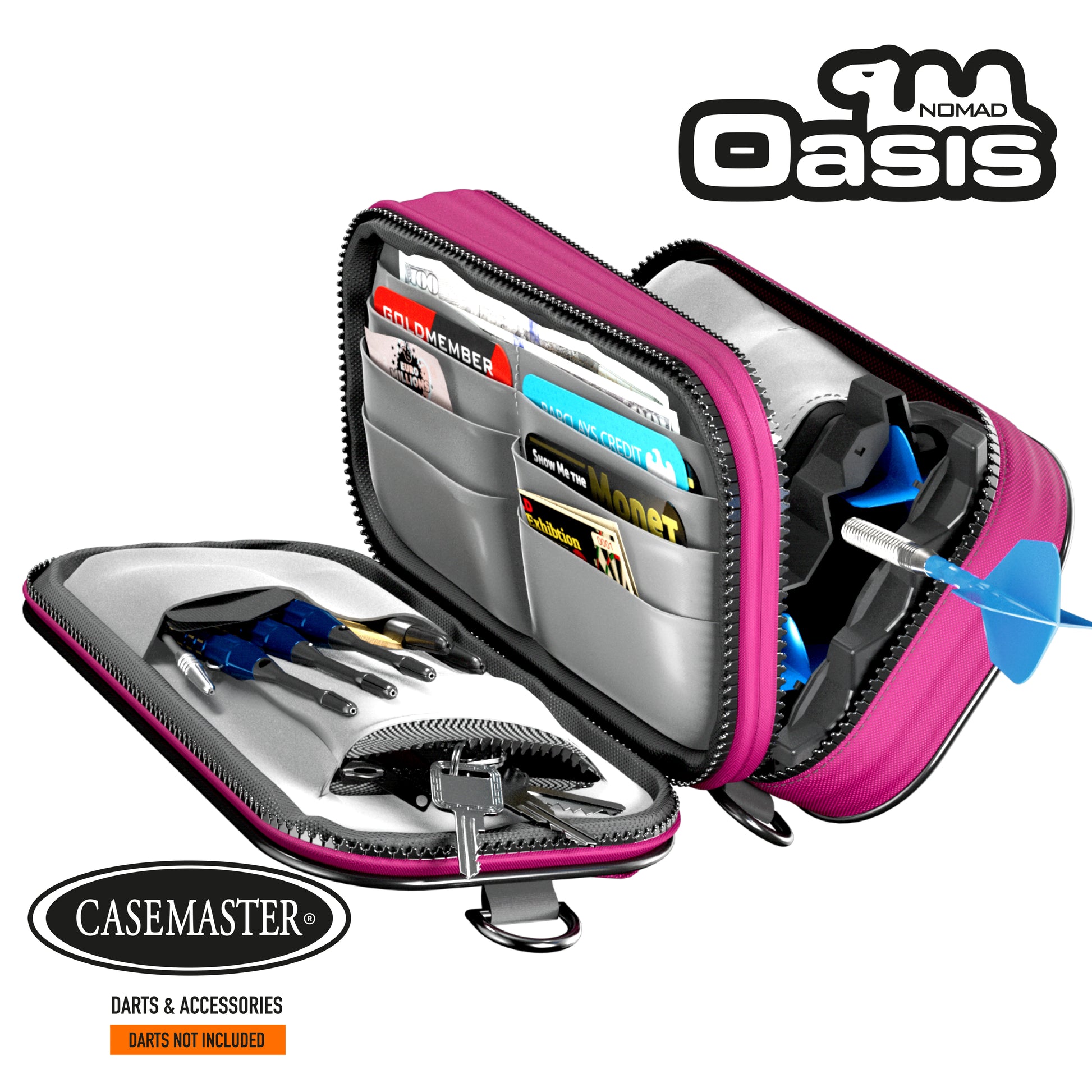 Pink Nomad Oasis case fully open with grey lining showing card and cash dividers, dart accessories and keys
