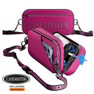 Pink Nomad Oasis case shown closed and open with a phone in the sleeve and a dart in the Nomad hard case