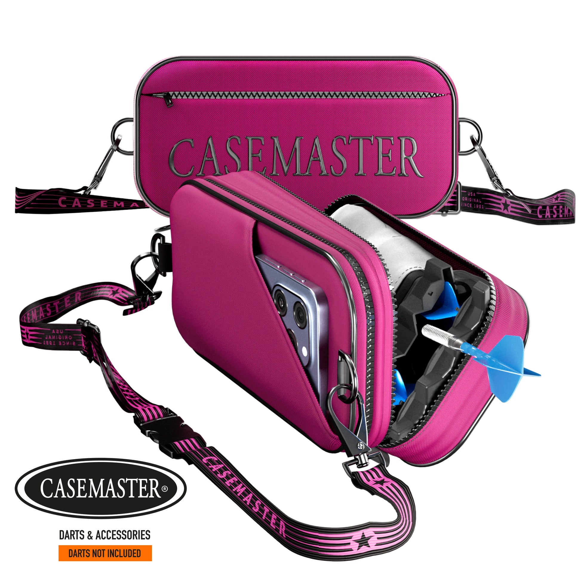 Pink Nomad Oasis case shown closed and open with a phone in the sleeve and a dart in the Nomad hard case